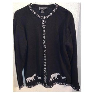 TERAZZO Black & White Embroidered Tigers Cardigan Long Sleeve Sweater Size Large